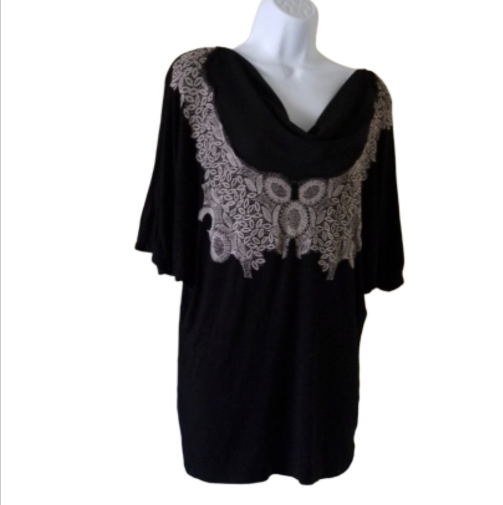 Bellatrix black and tan cowl neck batwing top, sz XS